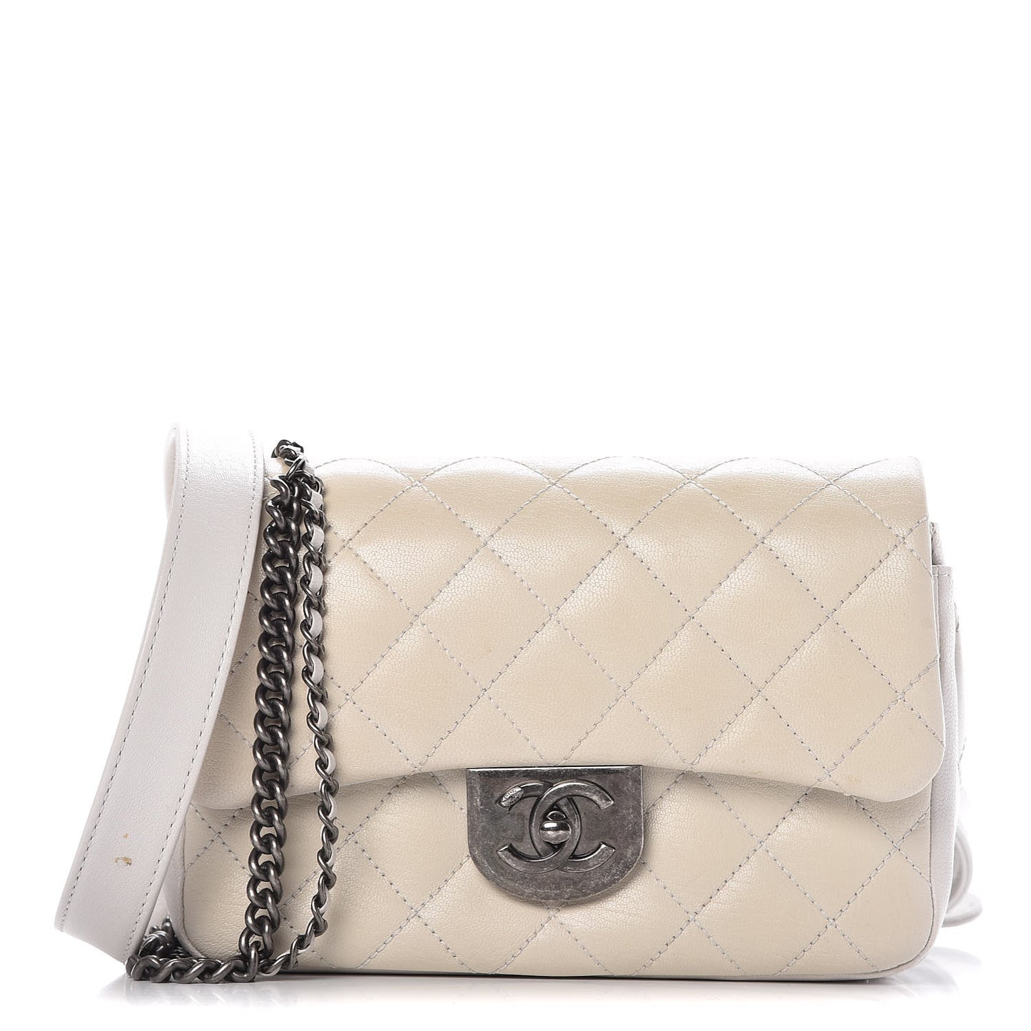 Shiny Goatskin Quilted Small Double Carry Waist Chain Flap White