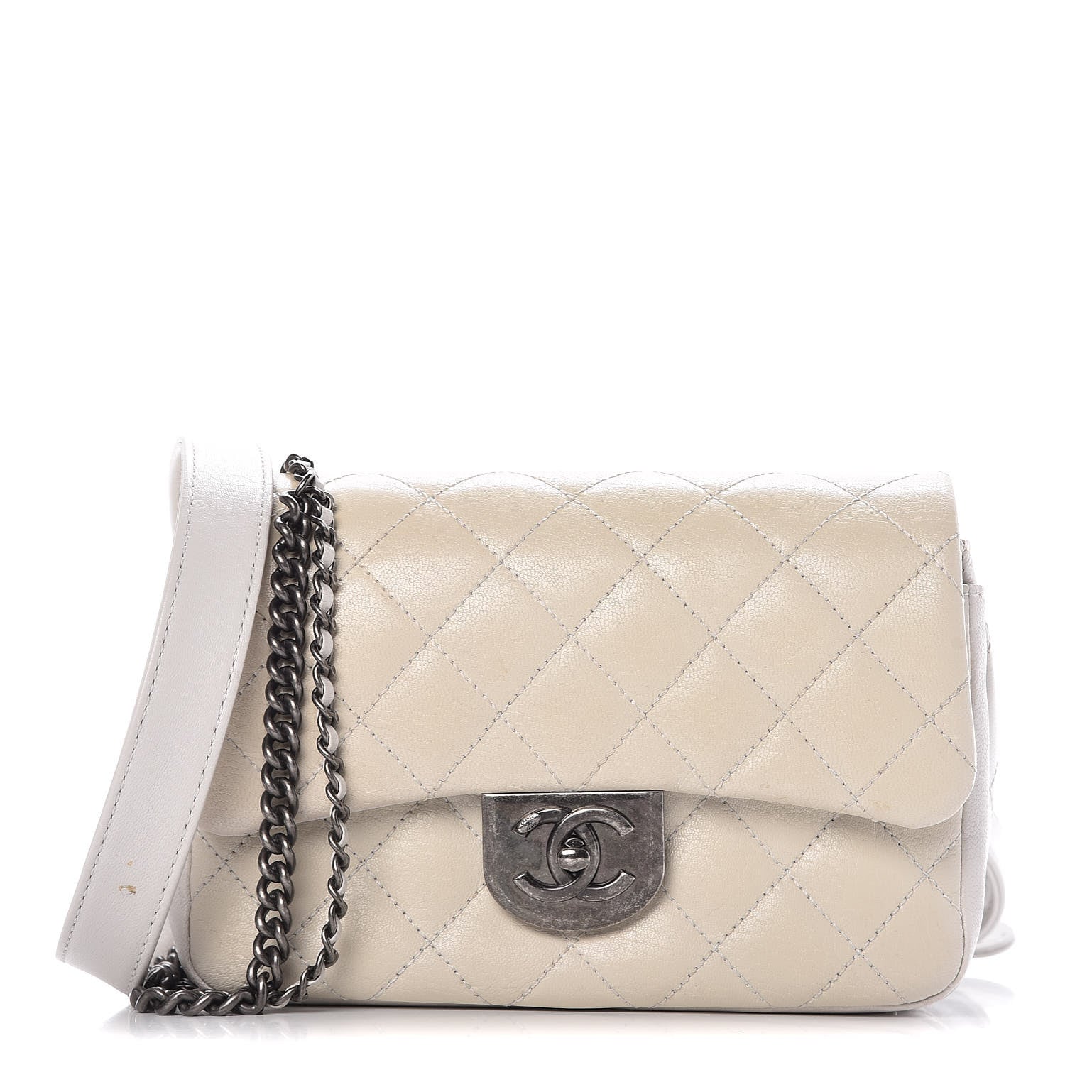 Chanel Shiny Goatskin Quilted Small Double Carry Waist Chain Flap White 1 of 15