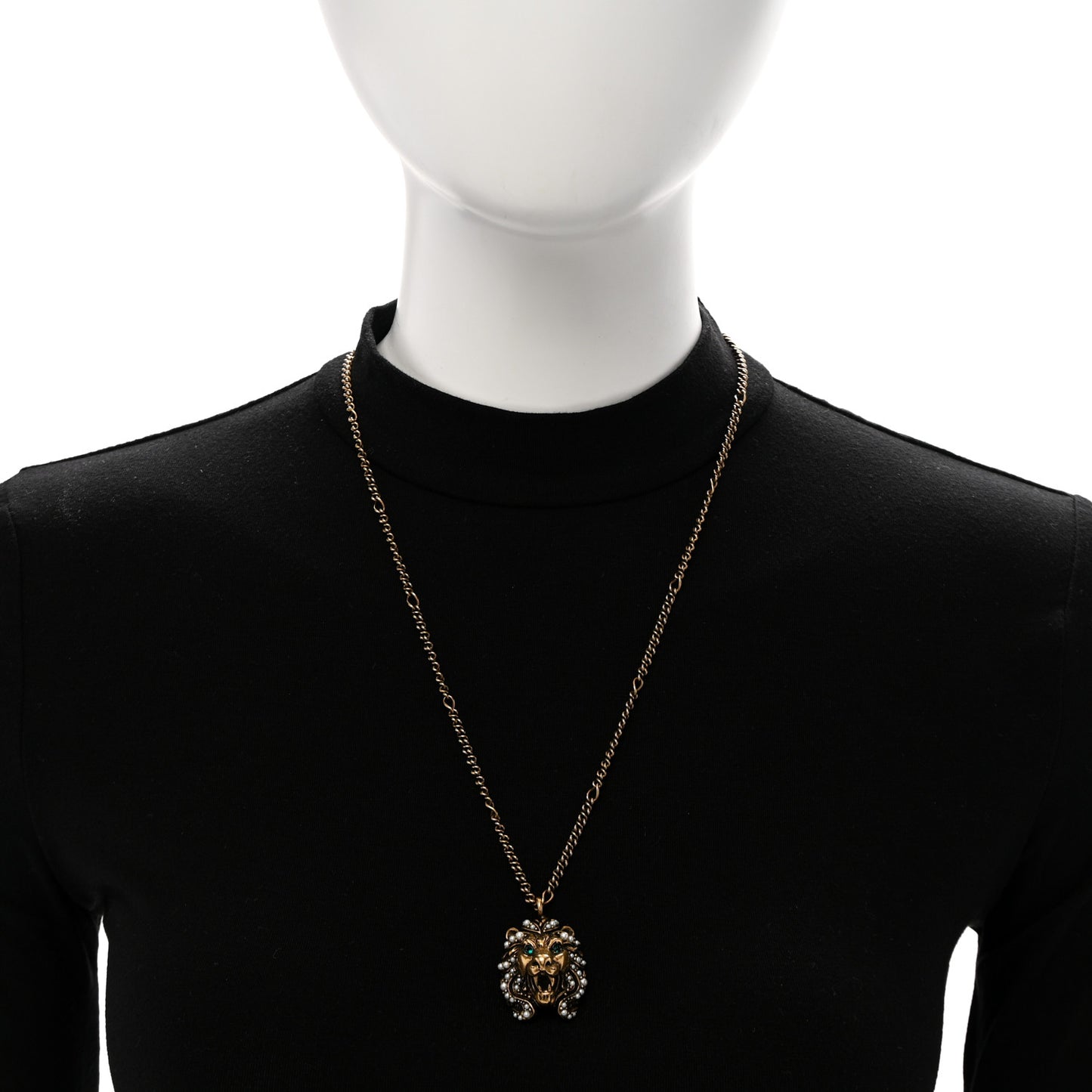 Metal Pearl Crystal Lion Head Necklace Aged Gold Multicolor