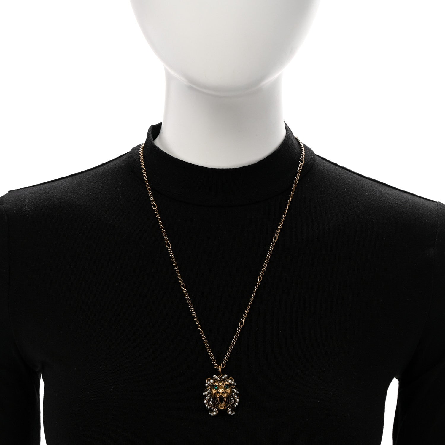 Gucci Metal Pearl Crystal Lion Head Necklace Aged Gold Multicolor 2 of 7