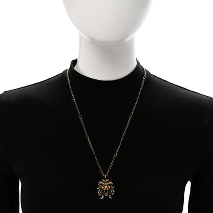 Gucci Metal Pearl Crystal Lion Head Necklace Aged Gold Multicolor 2 of 7