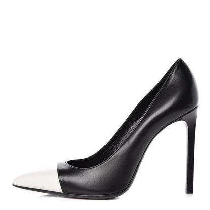 Saint Laurent Calfskin Bi-Color Cap Toe 105 Pumps 38.5 Black Porcellana 1 of 12