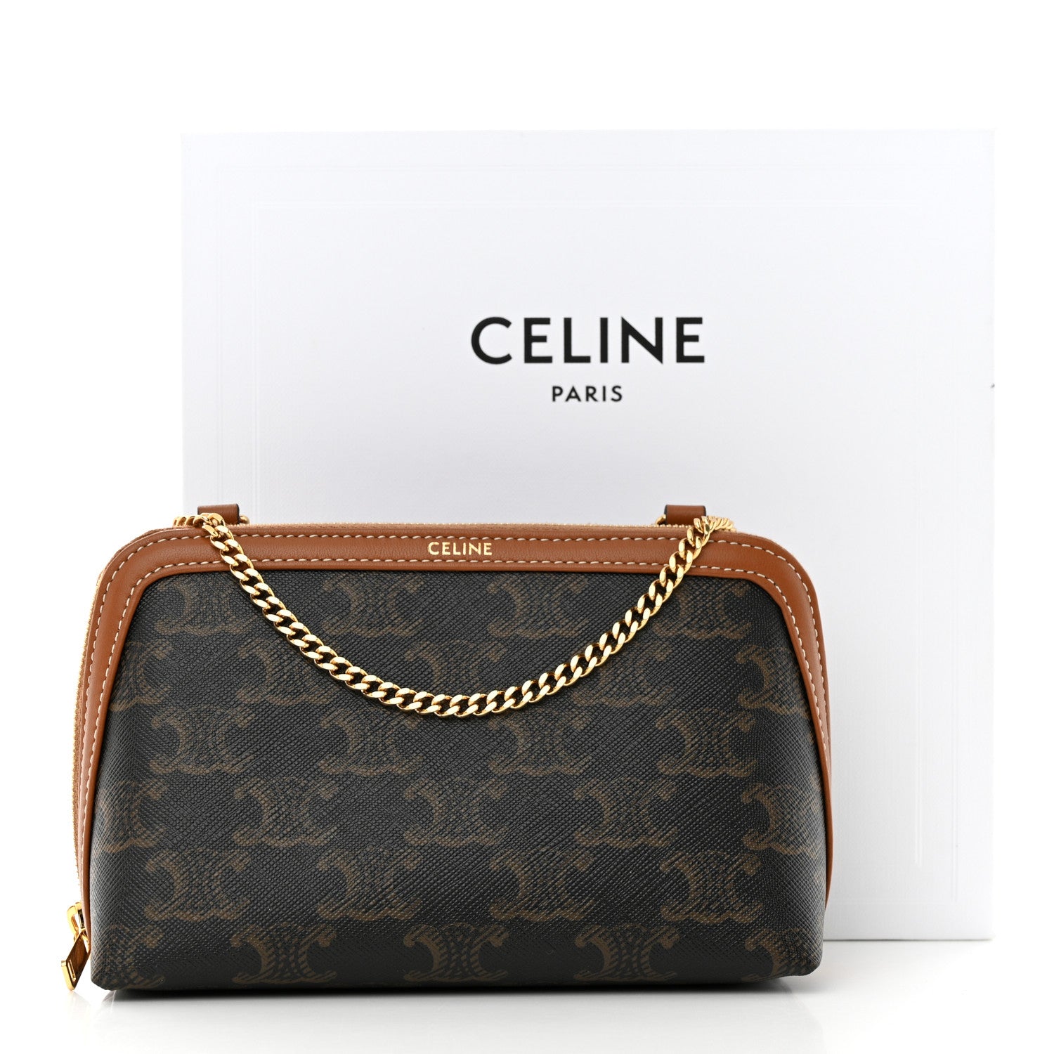 Celine Triomphe Canvas Lambskin Clutch On Chain Tan 10 of 10