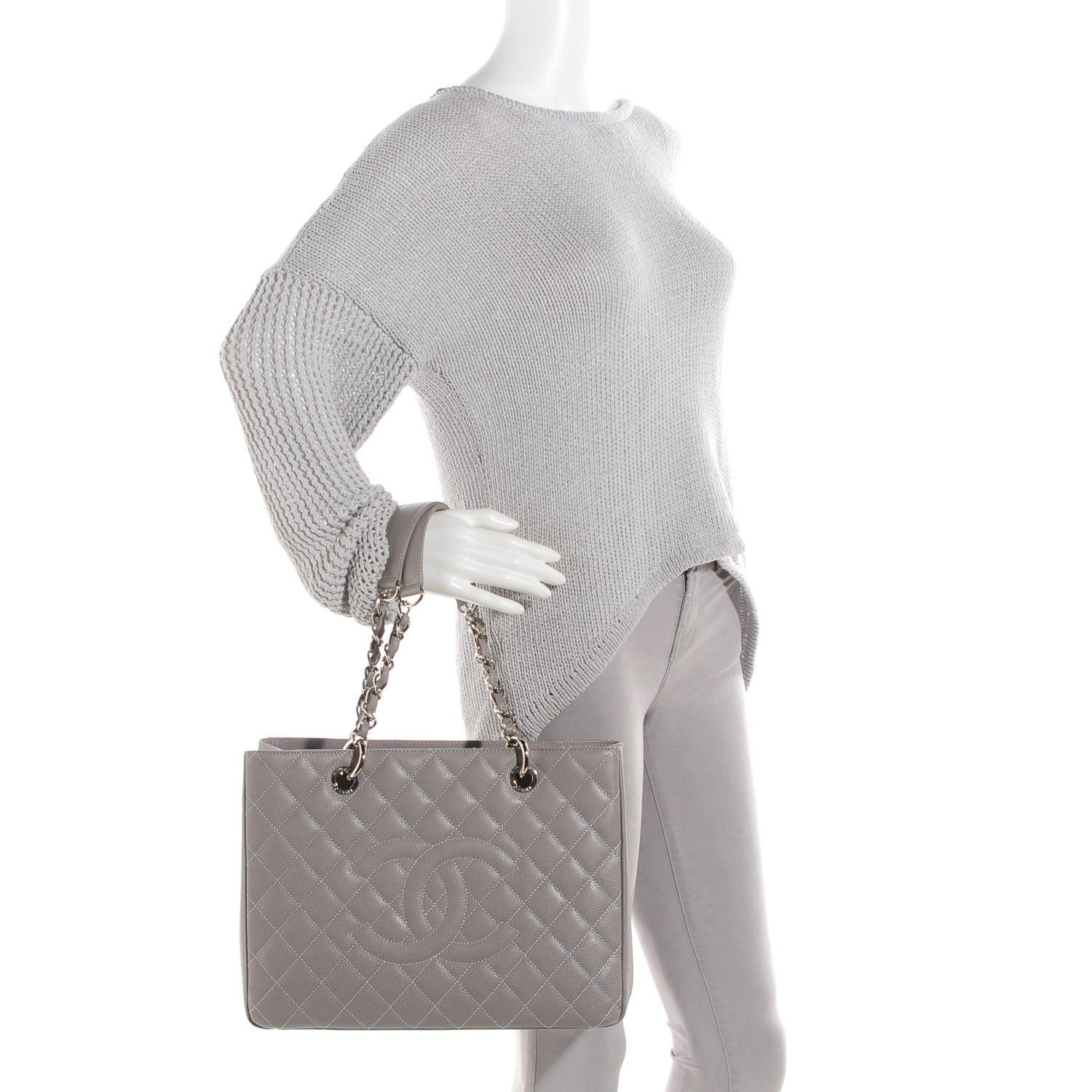 Chanel Caviar Quilted Grand Shopping Tote GST Light Grey 2 of 7