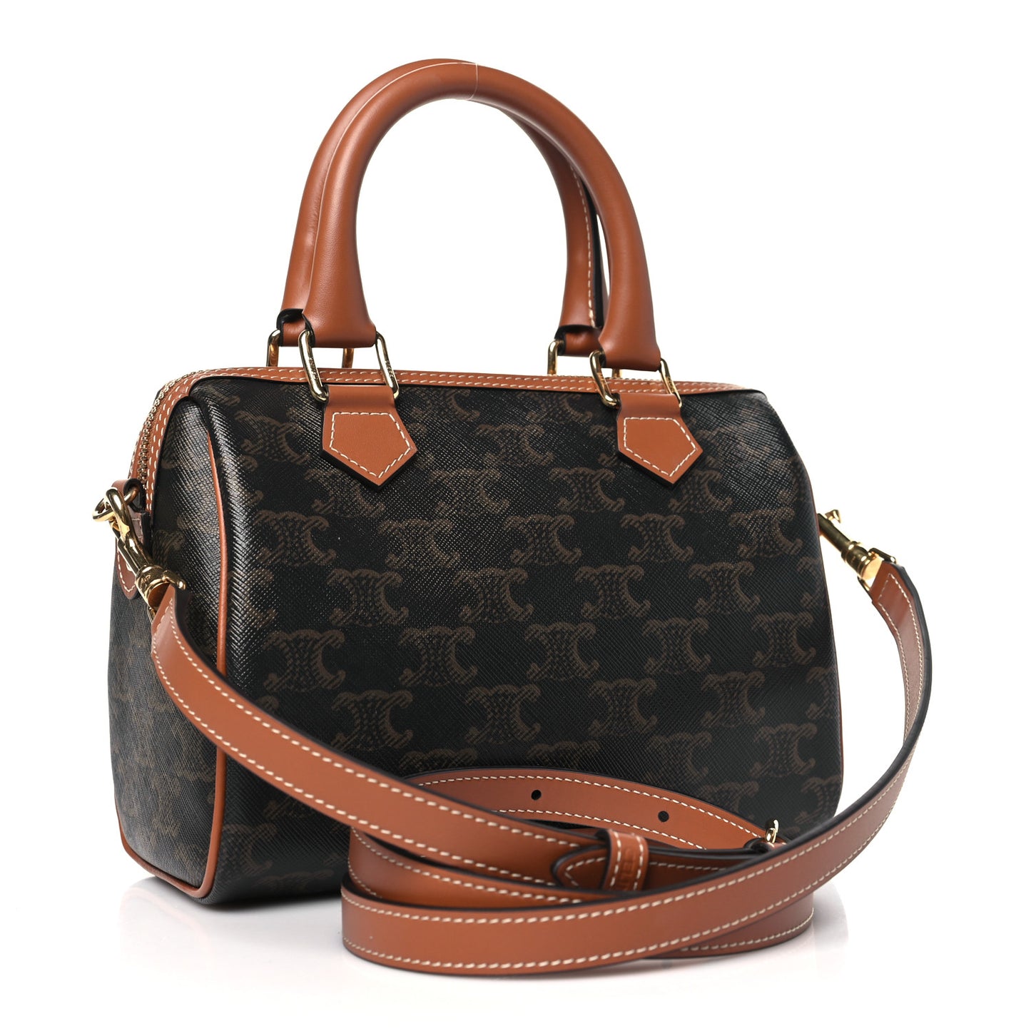 Triomphe Canvas Calfskin Small Boston Bag Tan