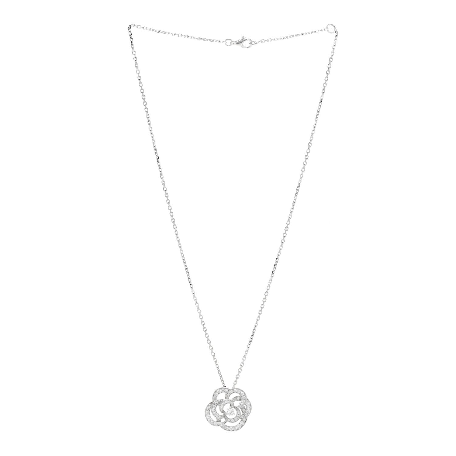 Chanel 18K White Gold Diamond Small Fil De Camelia Pendant Necklace 3 of 8