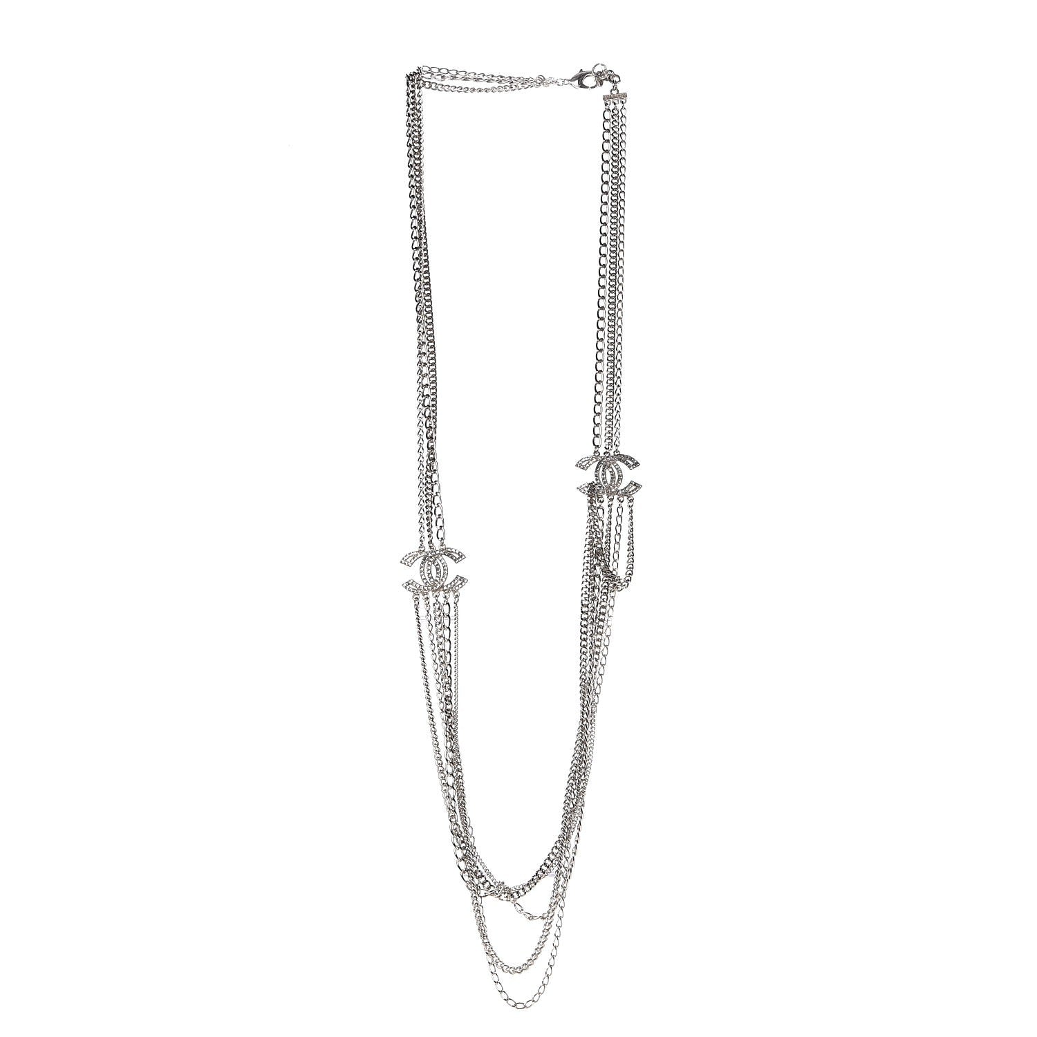 Chanel Baguette Crystal CC Multi Strand Chain Necklace Silver 3 of 6