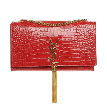 Saint Laurent Calfskin Crocodile Embossed Medium Classic Monogram Kate Tassel Satchel New Red 1 of 6