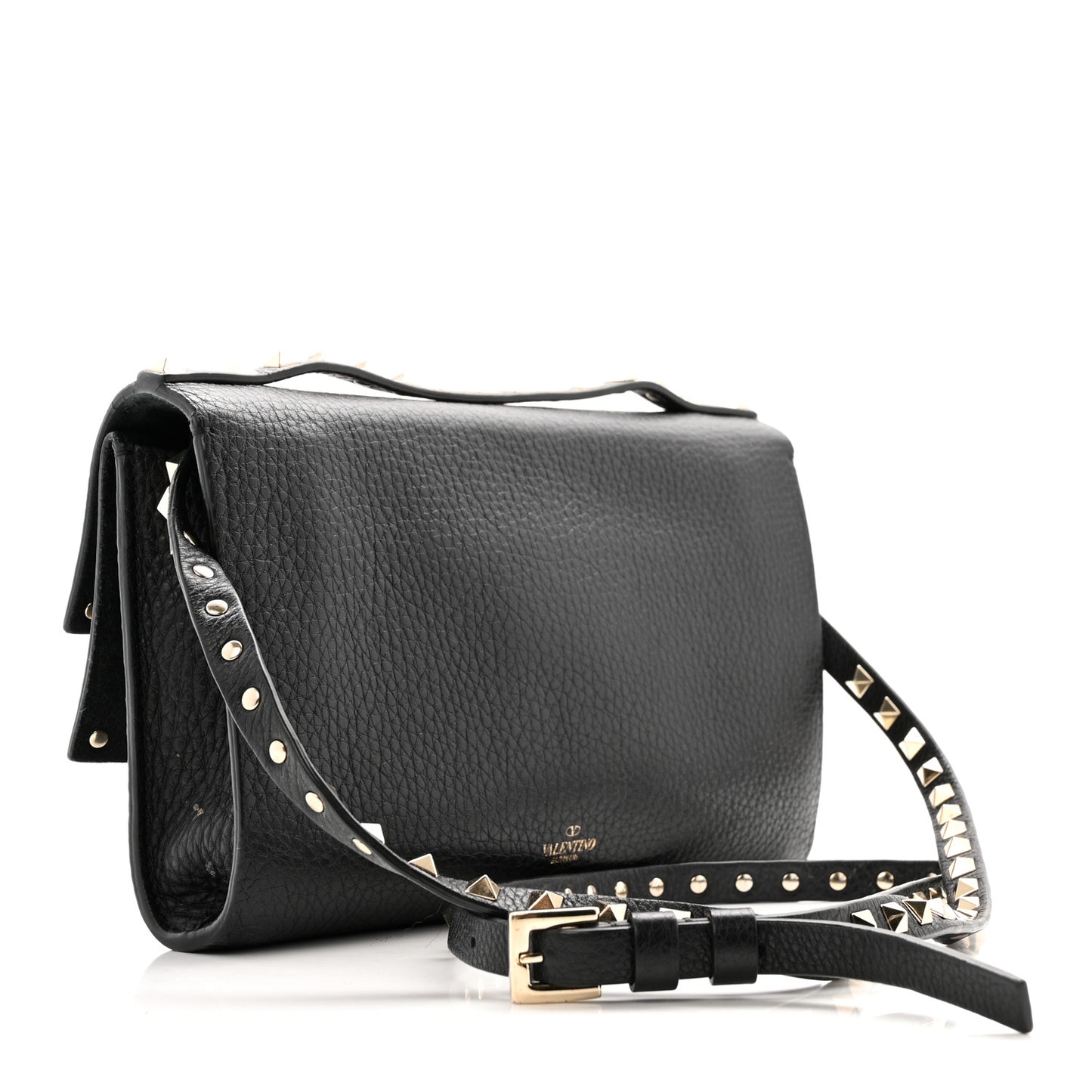 Grainy Calfskin Rockstud Double Flap Crossbody Bag Black