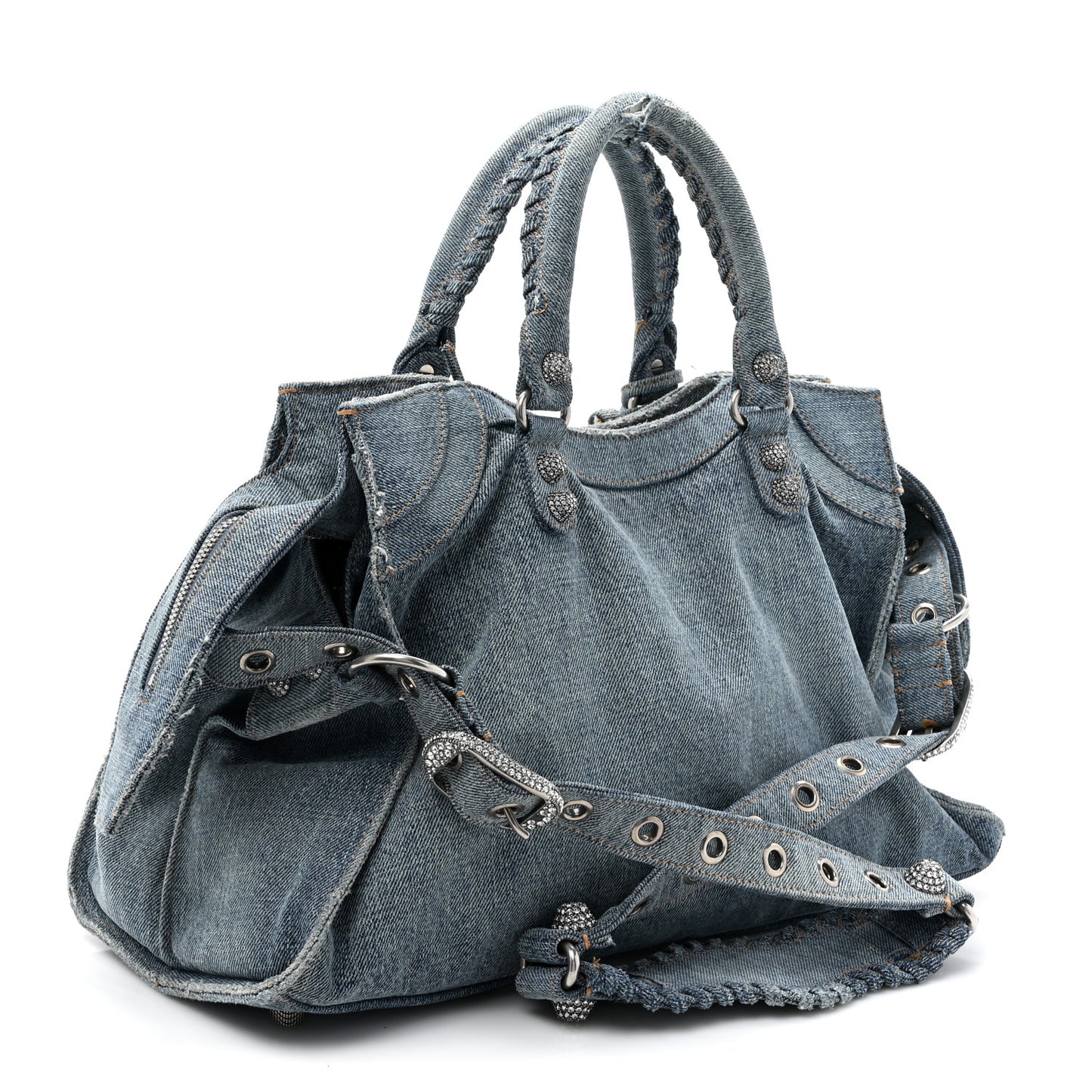 Washed Frayed Denim Crystal Neo Cagole City Handbag Blue
