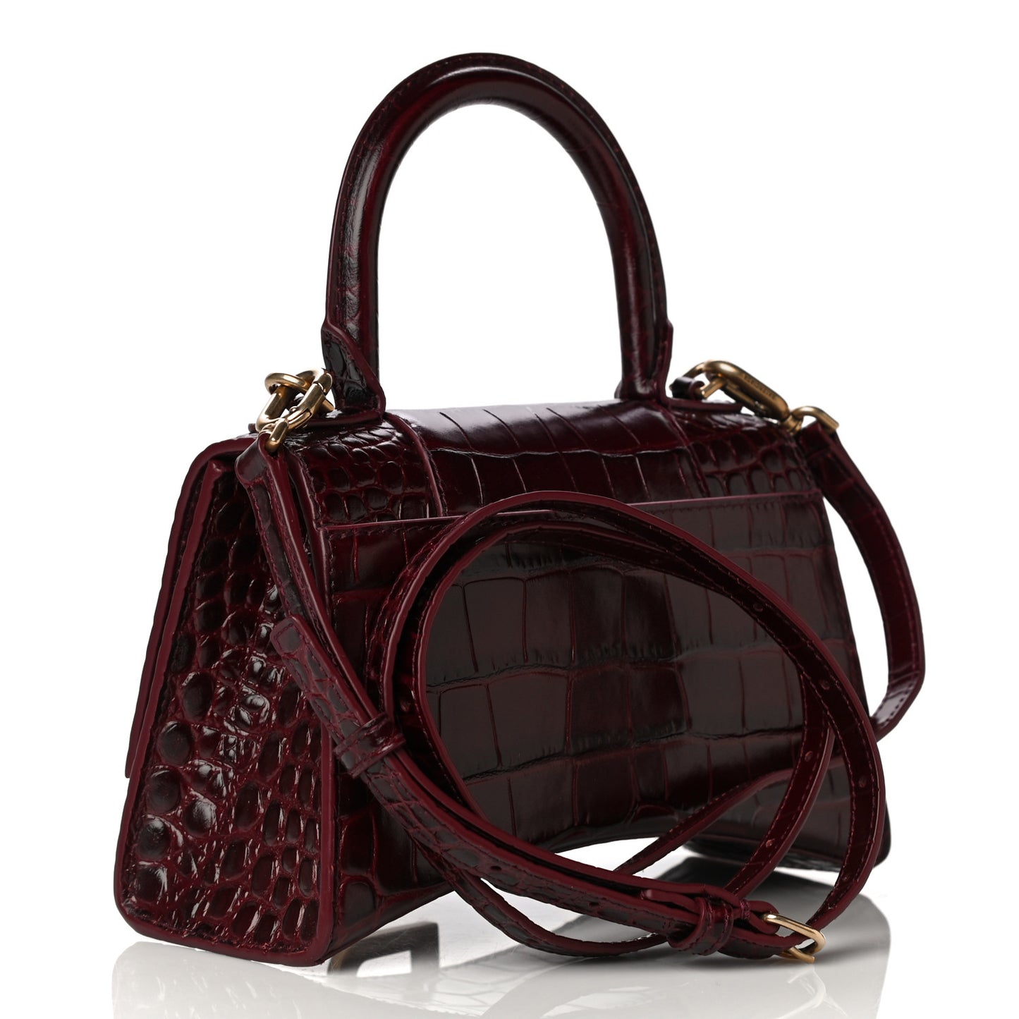 Shiny Calfskin Crocodile Embossed Hourglass Top Handle Bag XS Dark Red