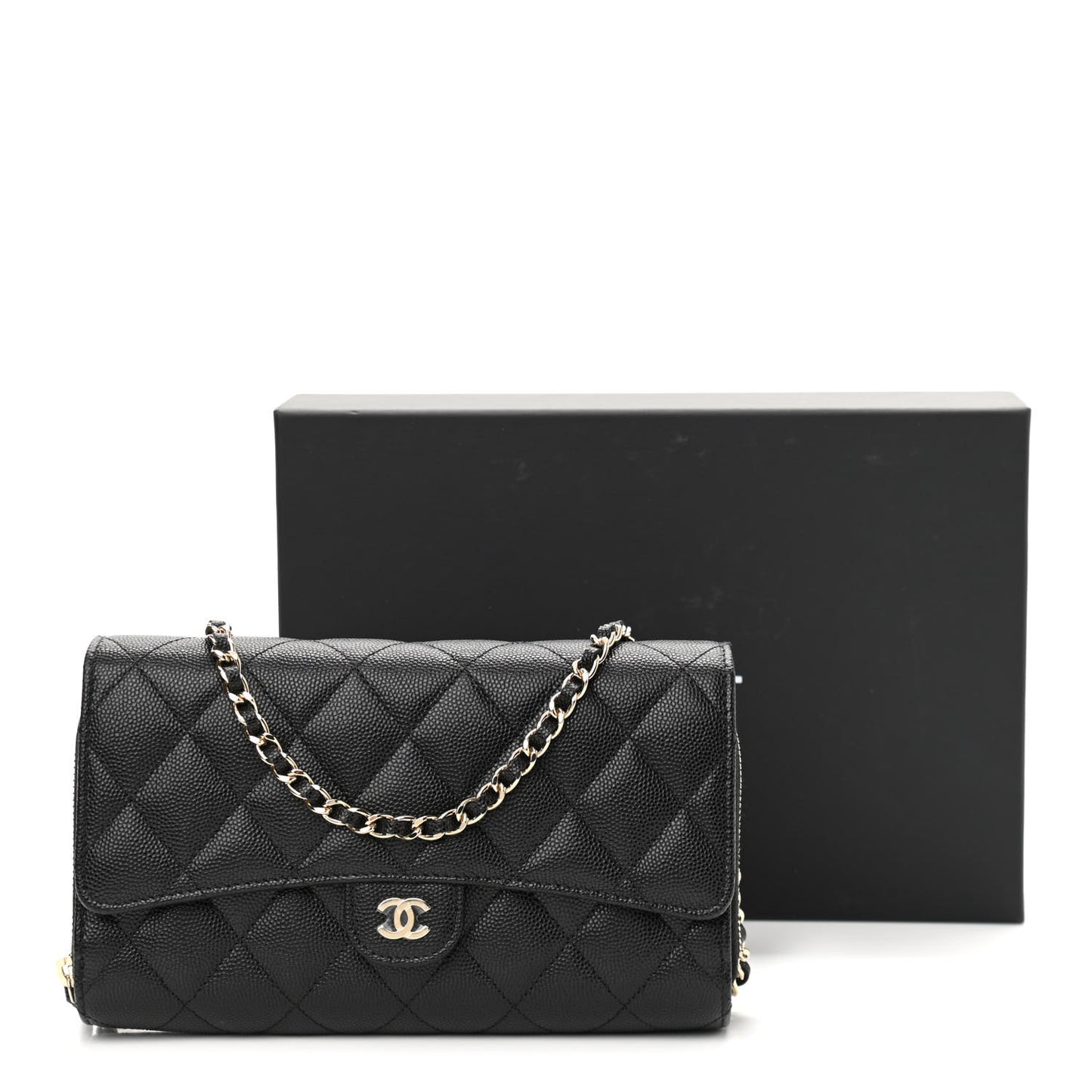 Caviar Quilted Phone Holder Wallet on Removable Chain Black