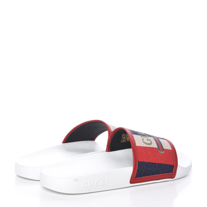Gucci Canvas Sylvie Stripe Logo Pursuit Slide Sandals 39 Mystic White Hibiscus Red Maritime 4 of 9