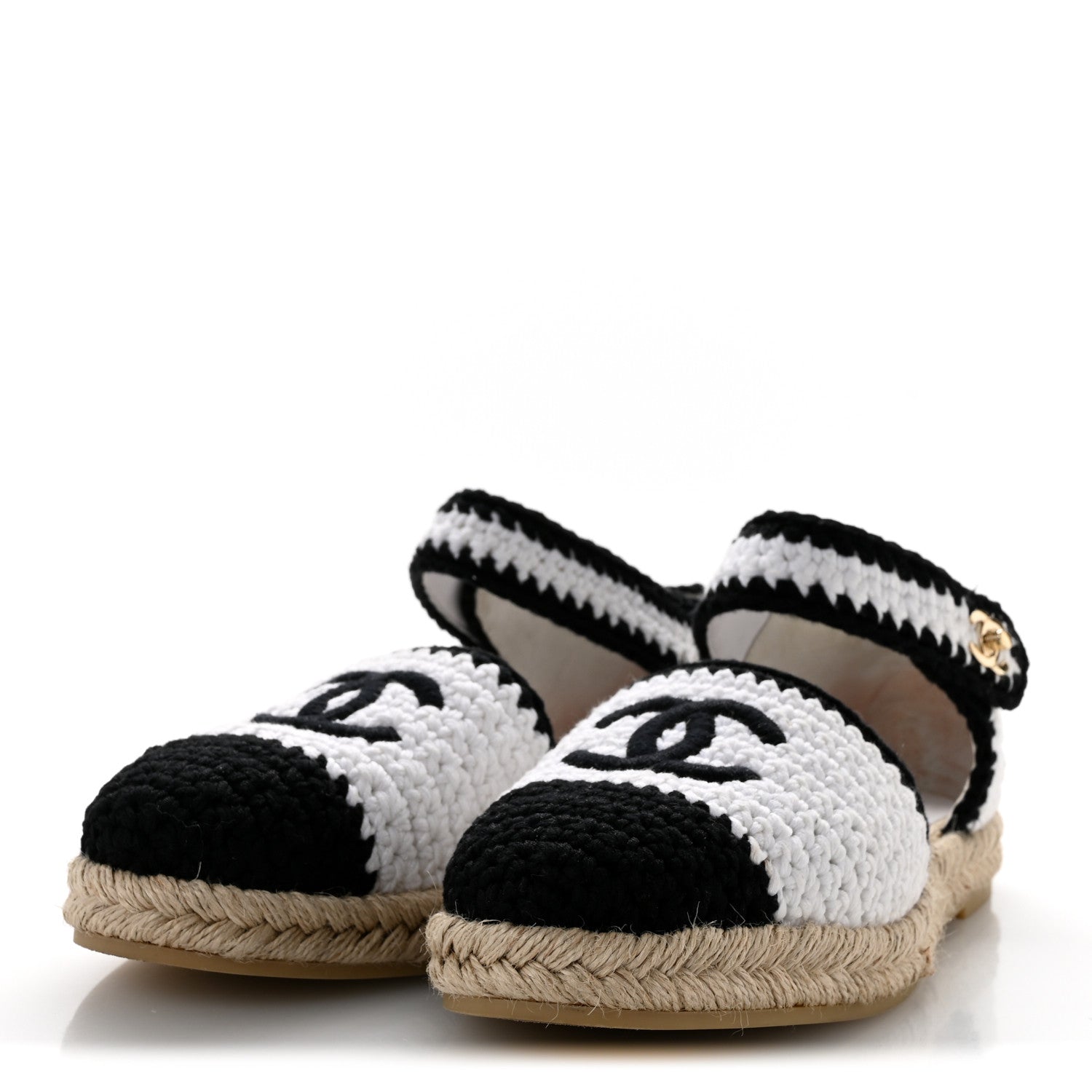 Chanel Braided Knit Cap Toe CC Ankle Strap Espadrilles 39 White Black 4 of 12