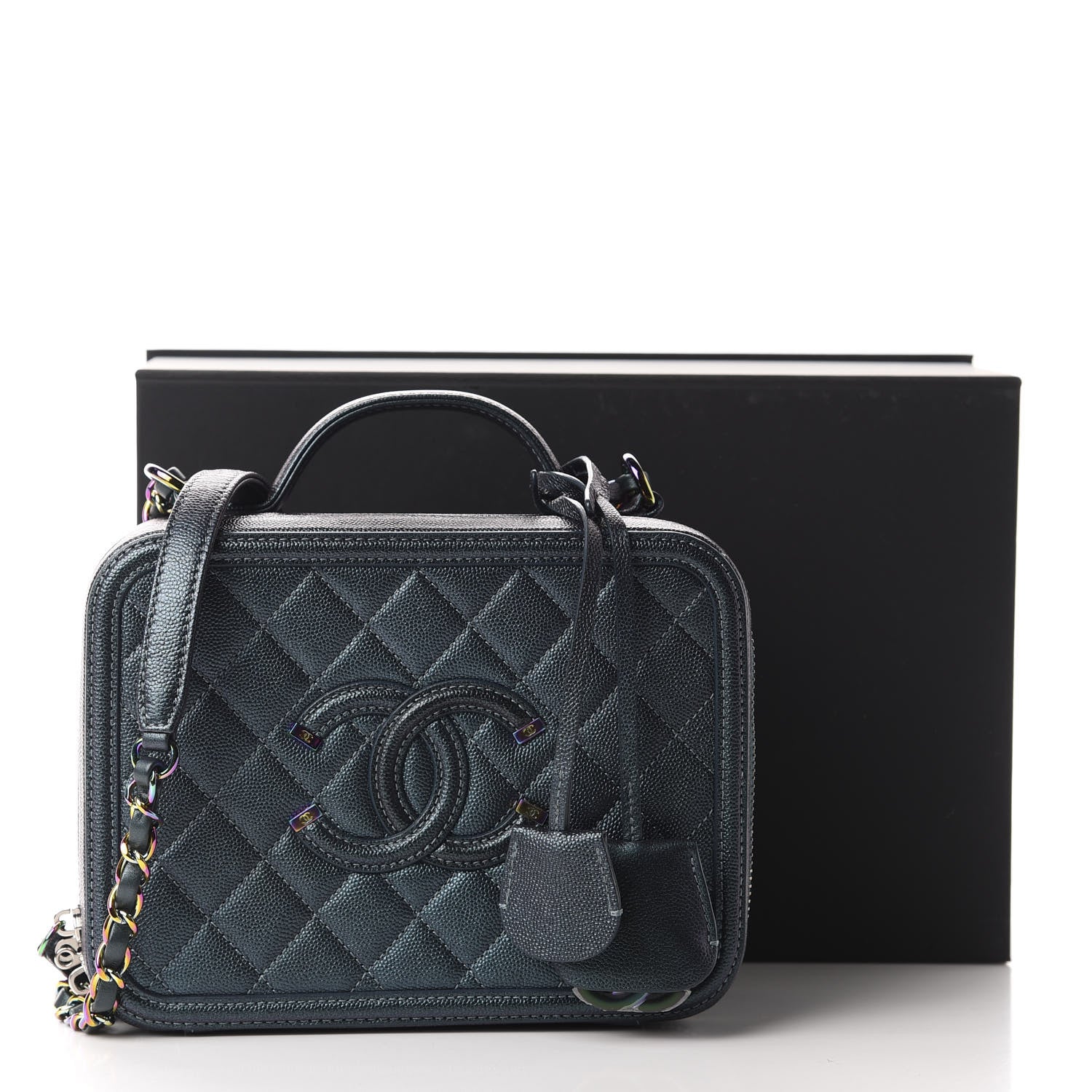 Chanel Iridescent Caviar Quilted Medium CC Filigree Vanity Case Dark Turquoise 11 of 11