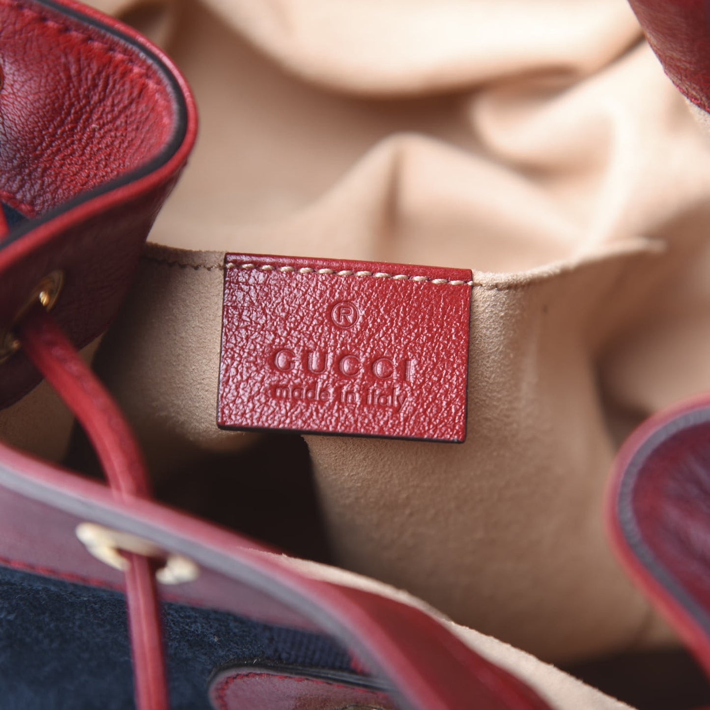 Suede Calfskin Web Medium Rajah Bucket Bag New Blue Romantic Cherry