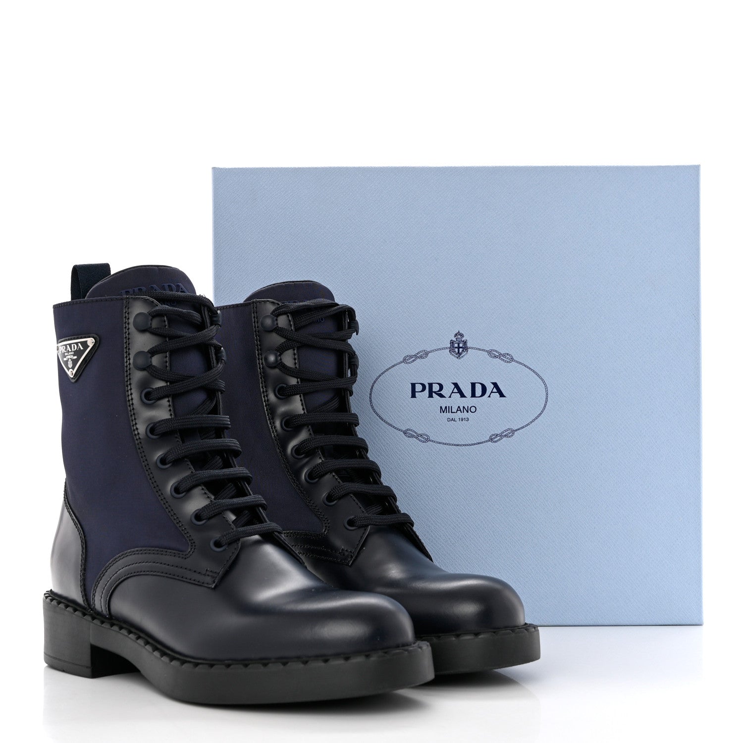Prada Spazzolato Re-Nylon Metal Triangle Logo Womens 50mm Combat Boots 39 Bleu 9 of 9