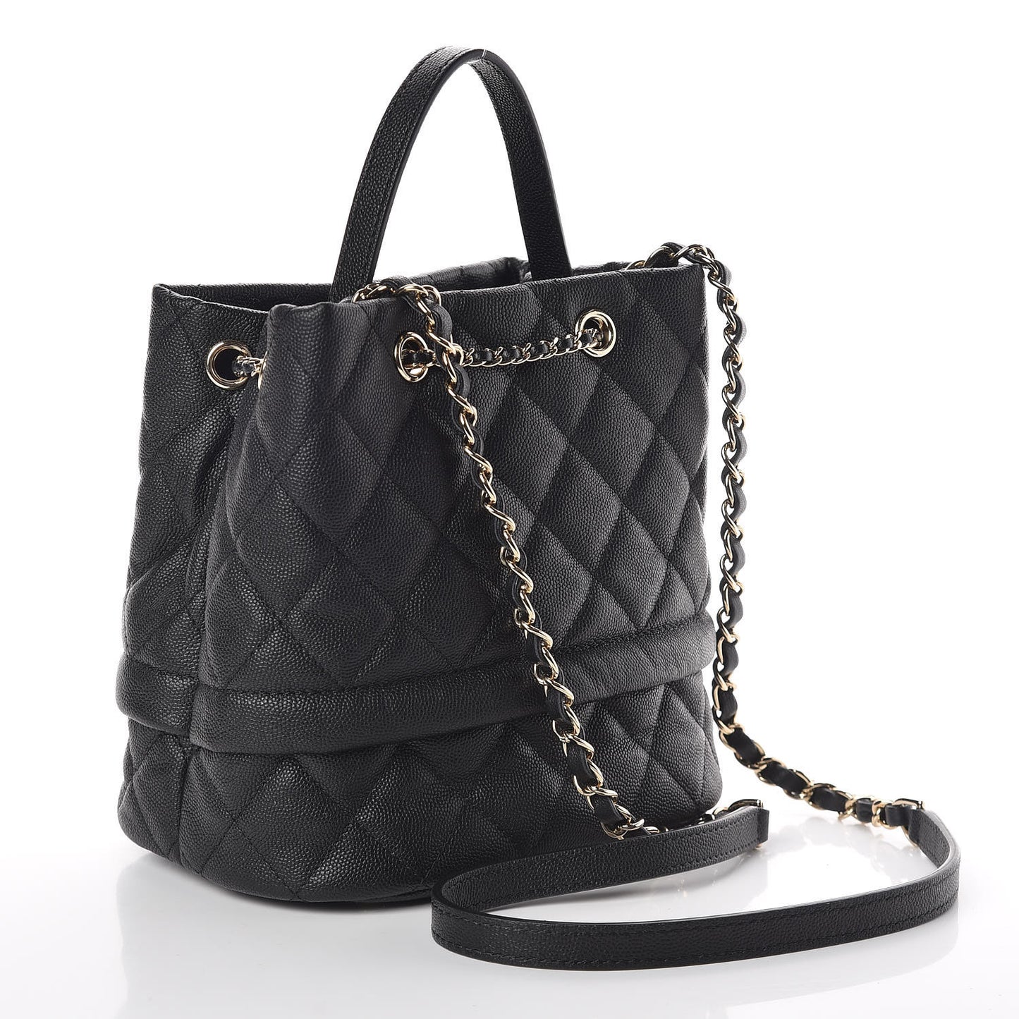 Caviar Quilted Rolled Up Bucket Drawstring Bag Black