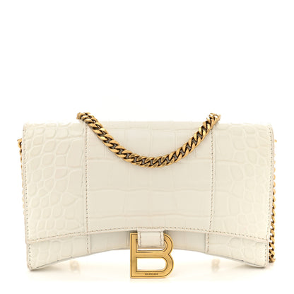 Balenciaga Shiny Calfskin Crocodile Embossed Hourglass Chain Bag White 1 of 11