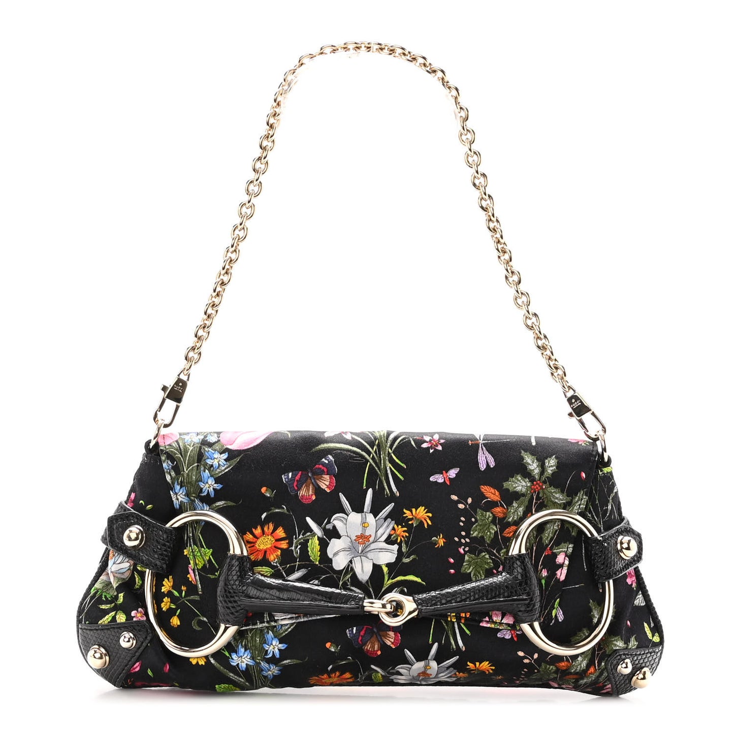 Satin Lizard Flora Floral Horsebit Clutch Black