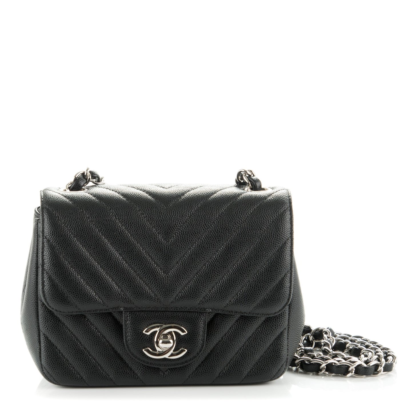 Caviar Chevron Quilted Mini Square Flap Black