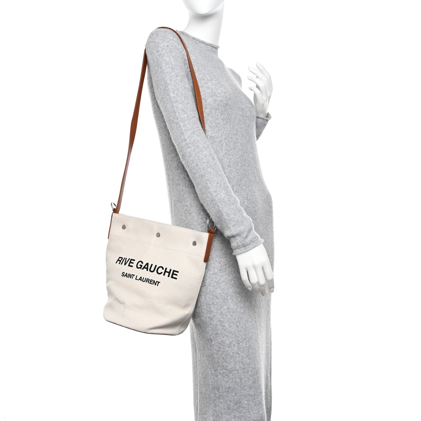 Linen Calfskin Rive Gauche Bucket Bag Grey Cognac