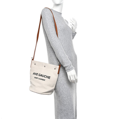 Saint Laurent Linen Calfskin Rive Gauche Bucket Bag Grey Cognac 2 of 11