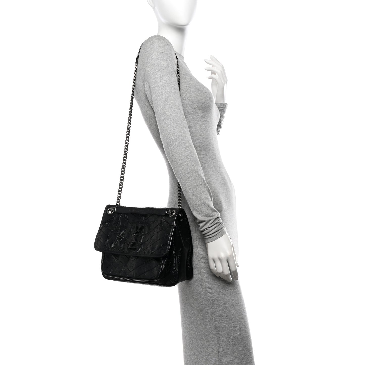 Crinkled Calfskin Matelasse Monogram Medium Niki Chain Satchel Black
