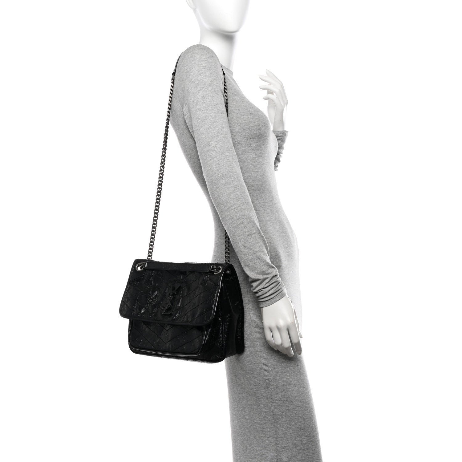 Saint Laurent Crinkled Calfskin Matelasse Monogram Medium Niki Chain Satchel Black 2 of 12