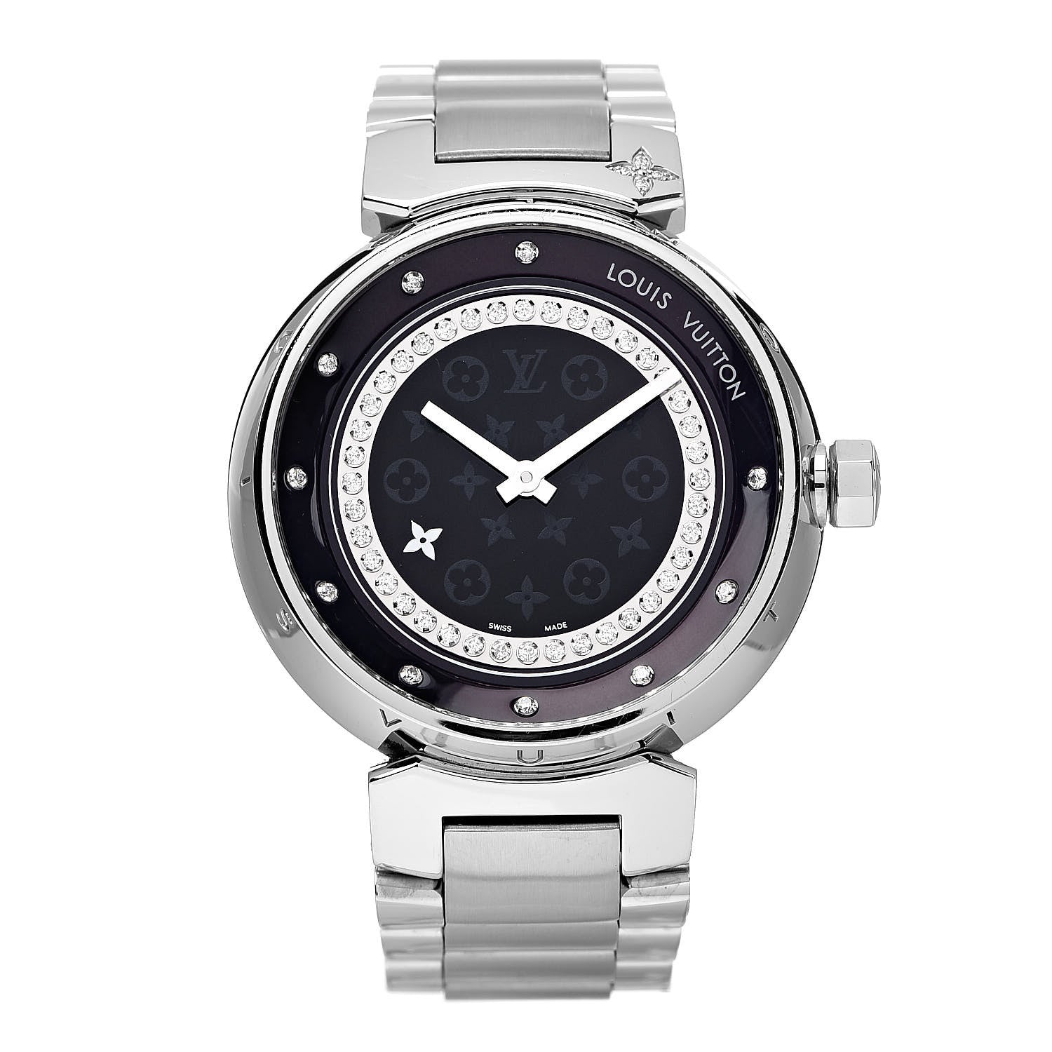 Louis Vuitton Stainless Steel Diamond 34mm Tambour Quartz Watch Black 1 of 8