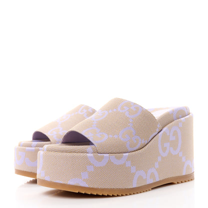 Gucci Monogram Jumbo GG Platform Slide Wedge Sandals 39.5 Beige Lapis 3 of 10