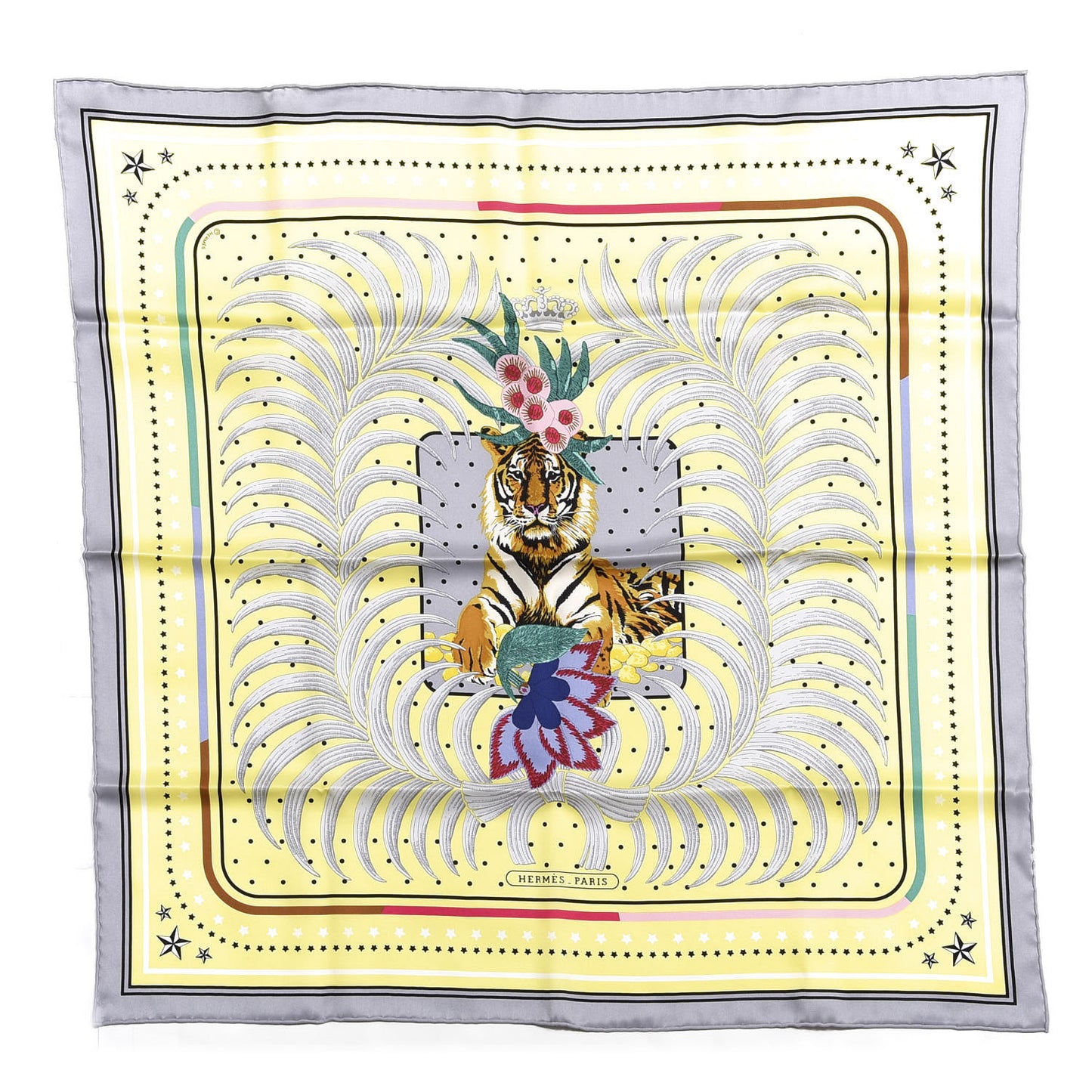 Silk Tiger Royal Fleuri Scarf 70 Gris Perle Jaune Soufre Gris