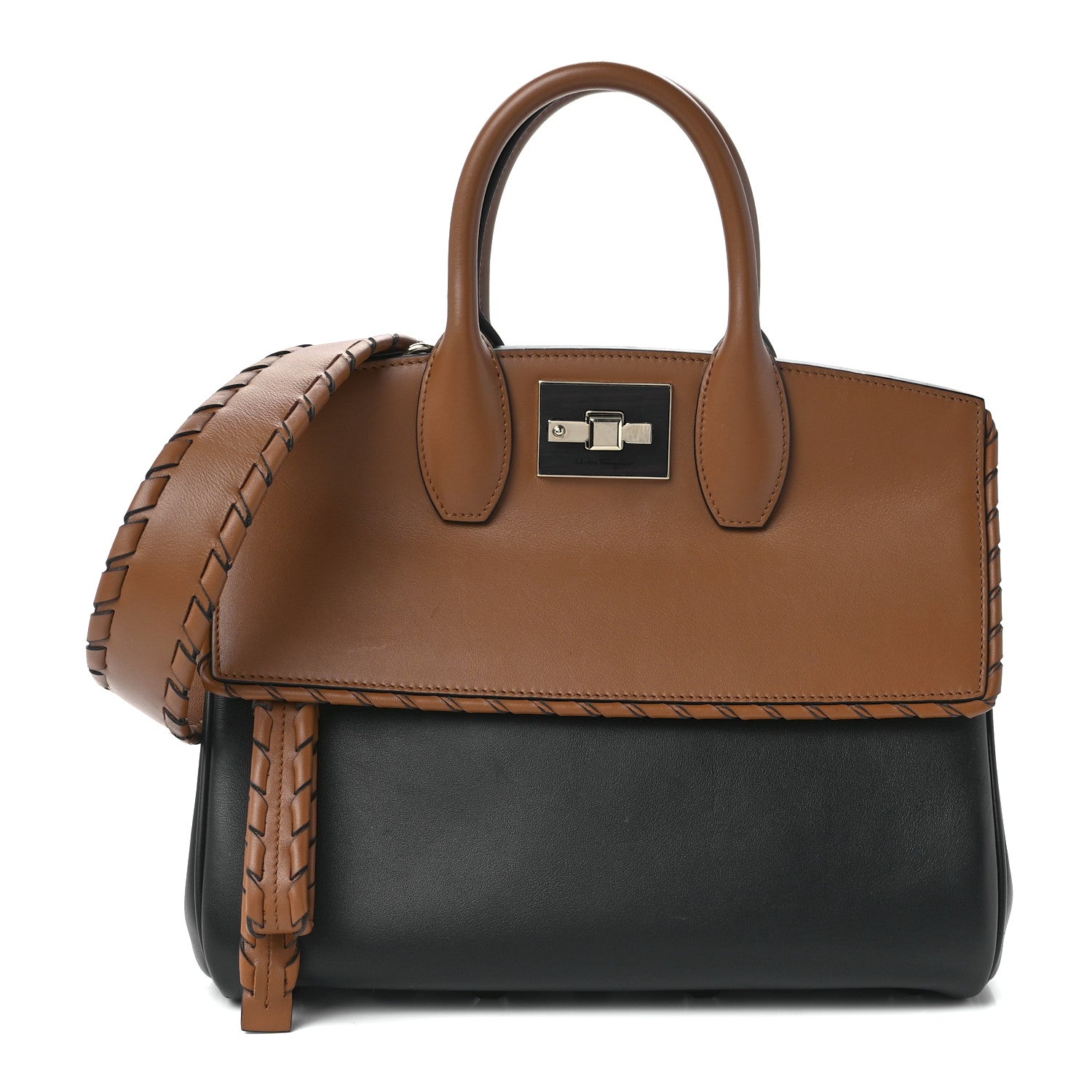 Salvatore Ferragamo Calfskin Woven Small Studio Top Handle Bag Tan Black 1 of 13