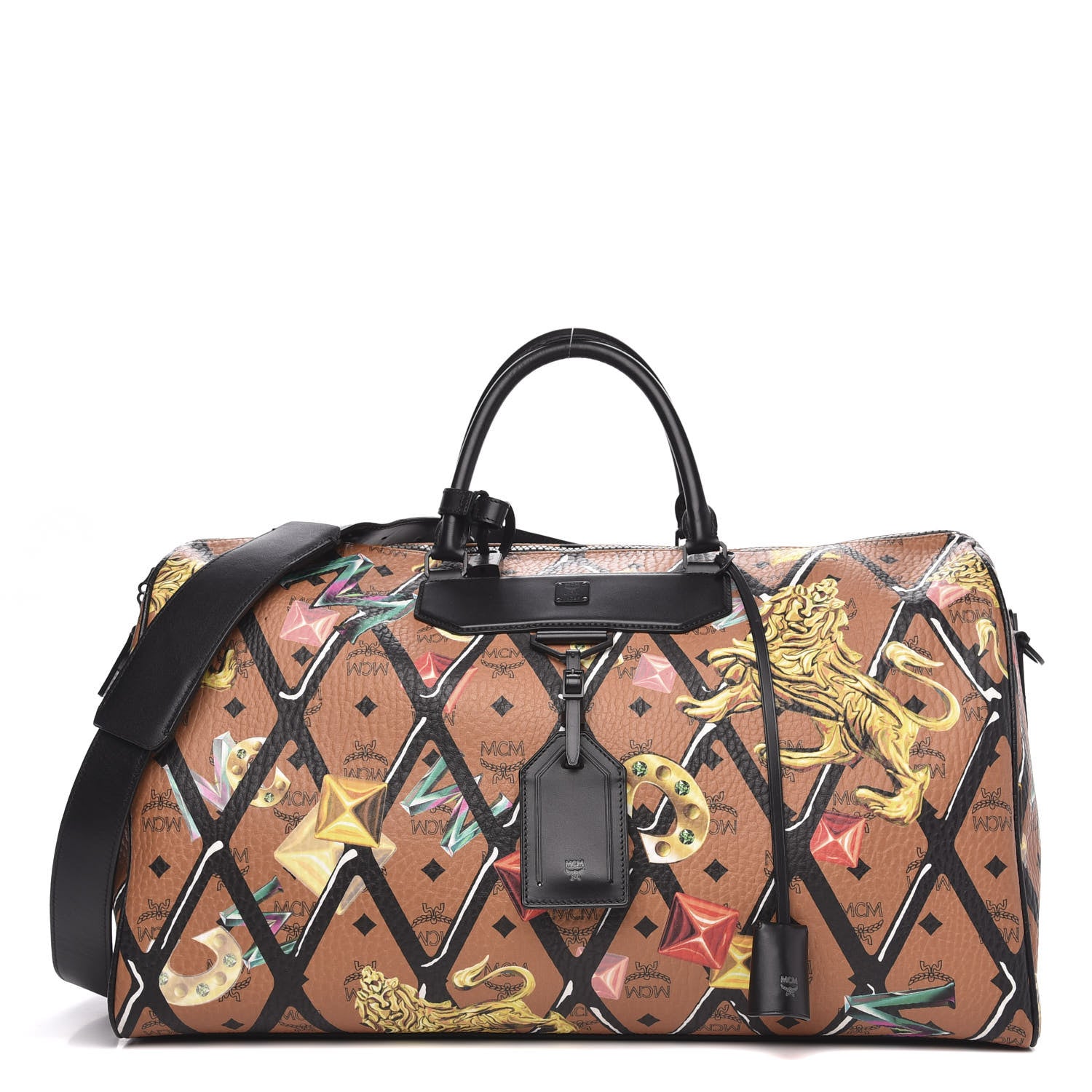 MCM Visetos Calfskin Motif Rombi Lion Printed Traveler Weekender Bag Cognac 1 of 13