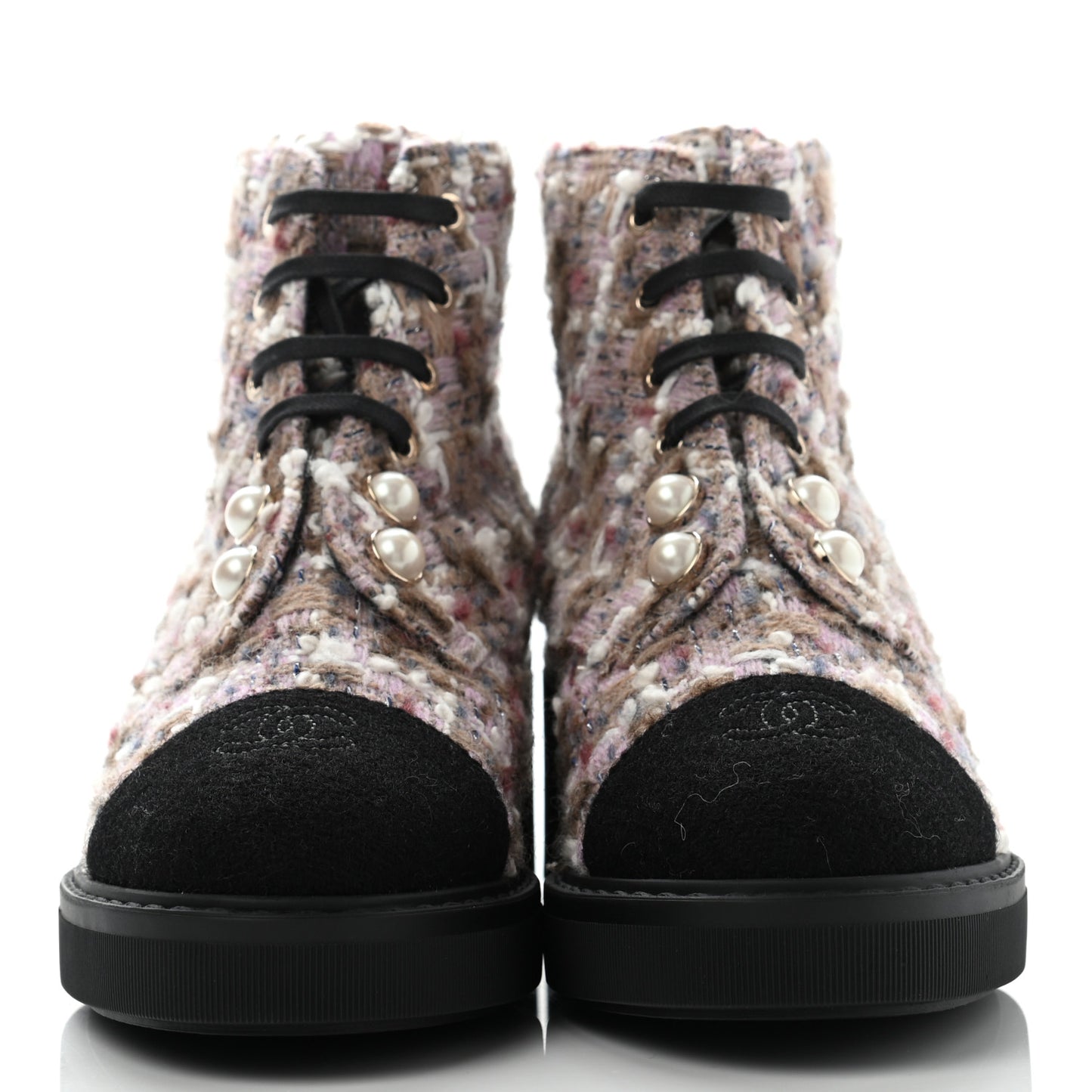 Tweed Calfskin Pearl Combat Short Boots 38.5 Multicolor
