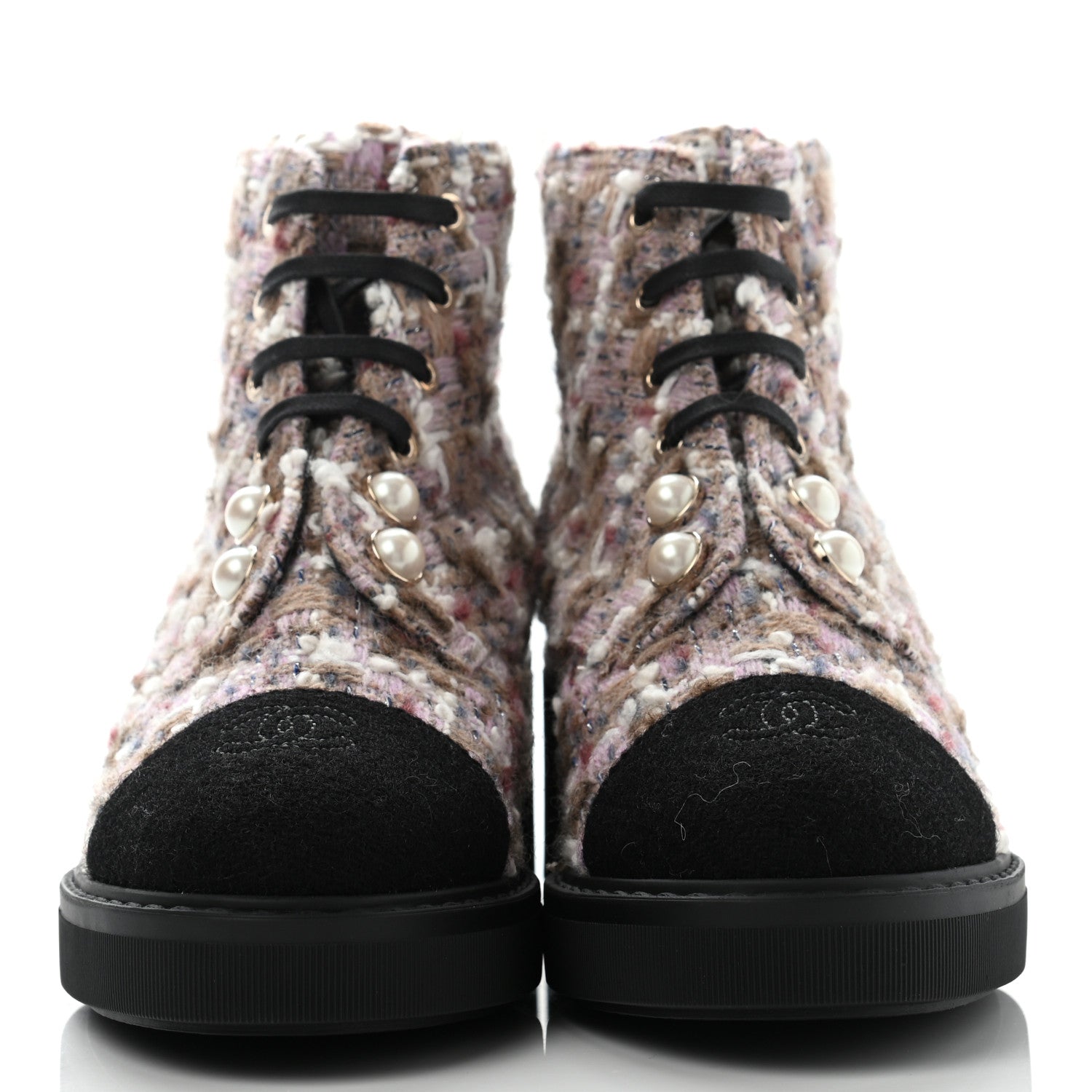 Chanel Tweed Calfskin Pearl Combat Short Boots 38.5 Multicolor 2 of 11