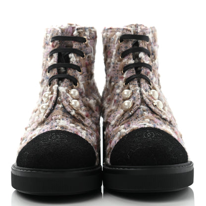 Chanel Tweed Calfskin Pearl Combat Short Boots 38.5 Multicolor 2 of 11