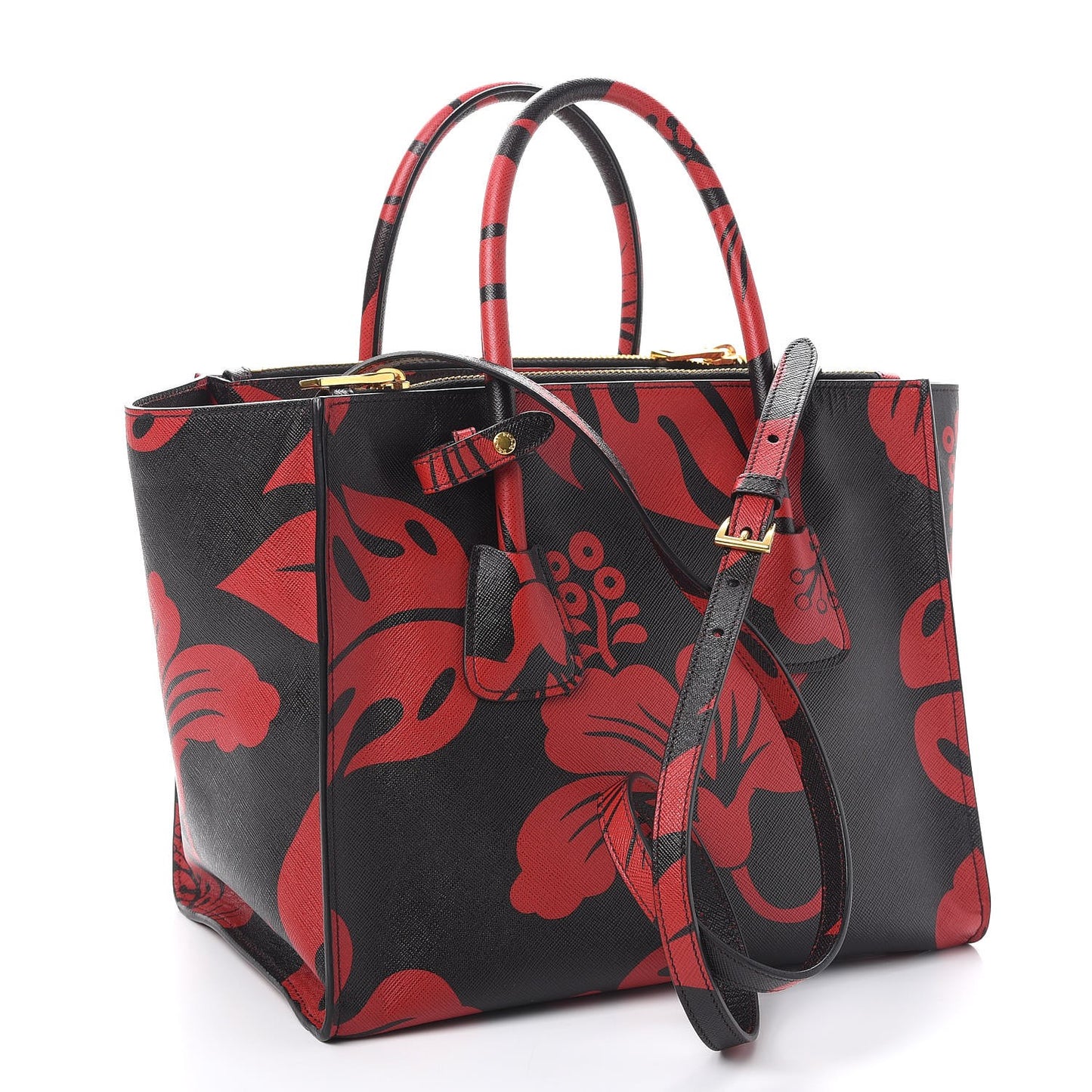Saffiano Hibiscus Print Twin Pocket Tote Rosso