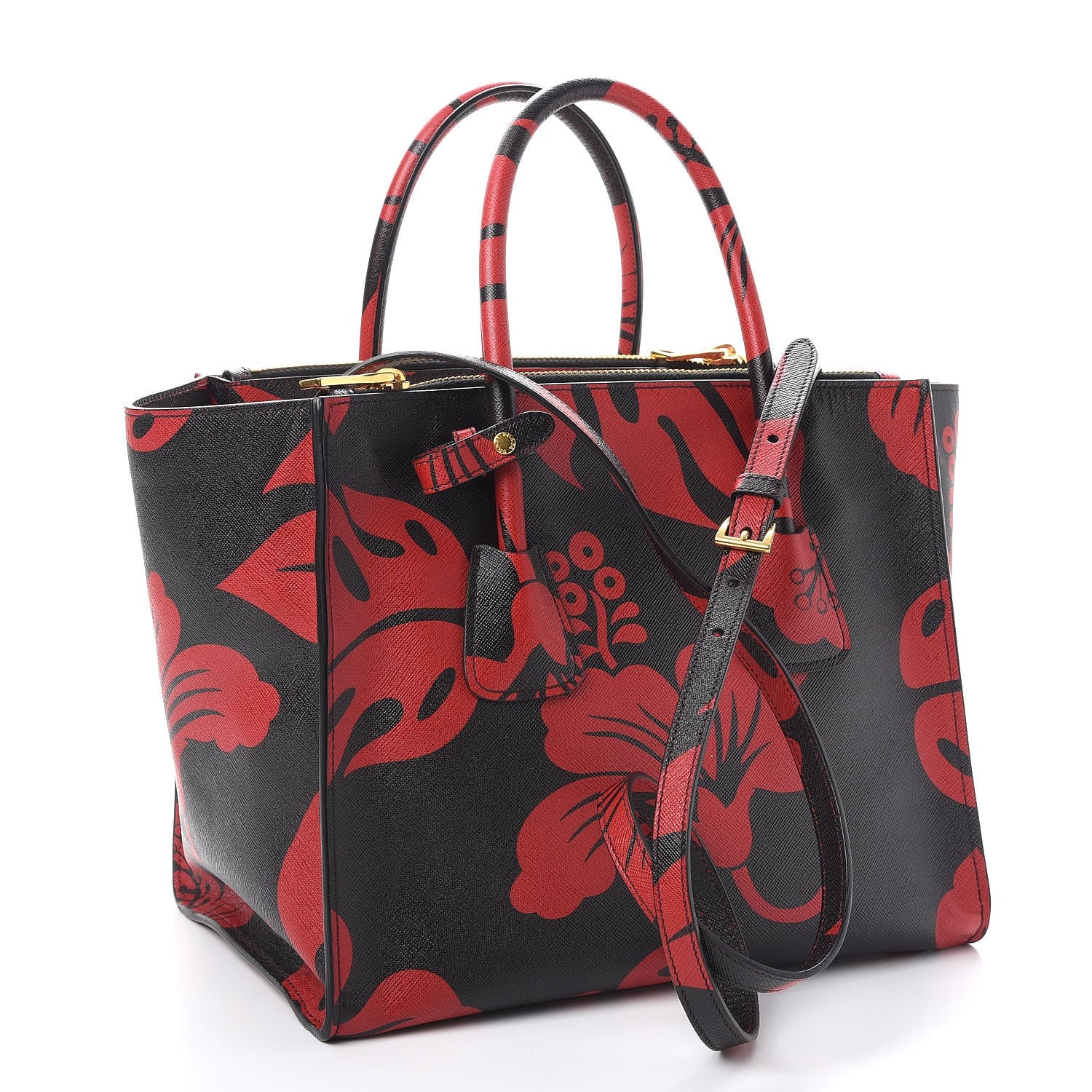 Prada Saffiano Hibiscus Print Twin Pocket Tote Rosso 4 of 8