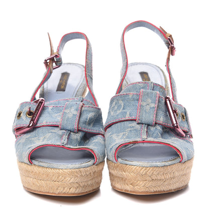 Louis Vuitton Denim Monogram Espadrille Wedge Sandals 40 Blue 2 of 13