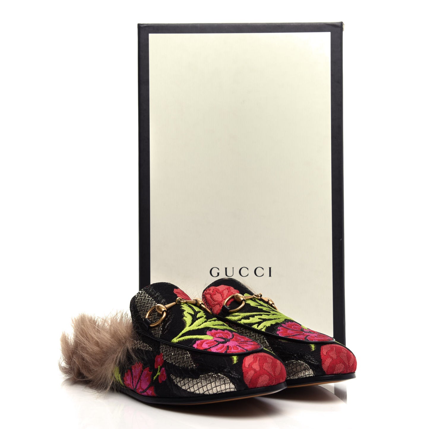 Brocade Fur Floral Womens Princetown Slippers 36 Black Anthracite