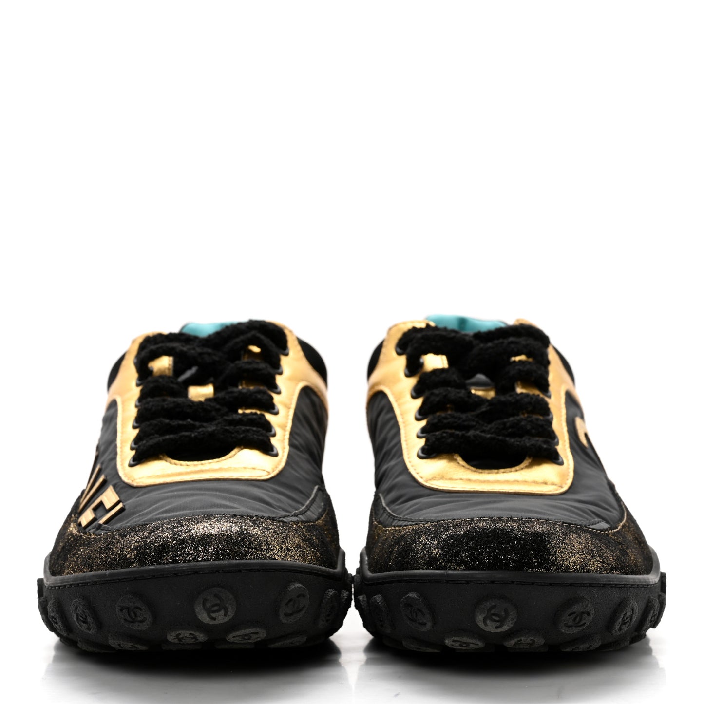 Metallic Lambskin Satin Finish Womens CC Sneakers 39.5 Black Gold