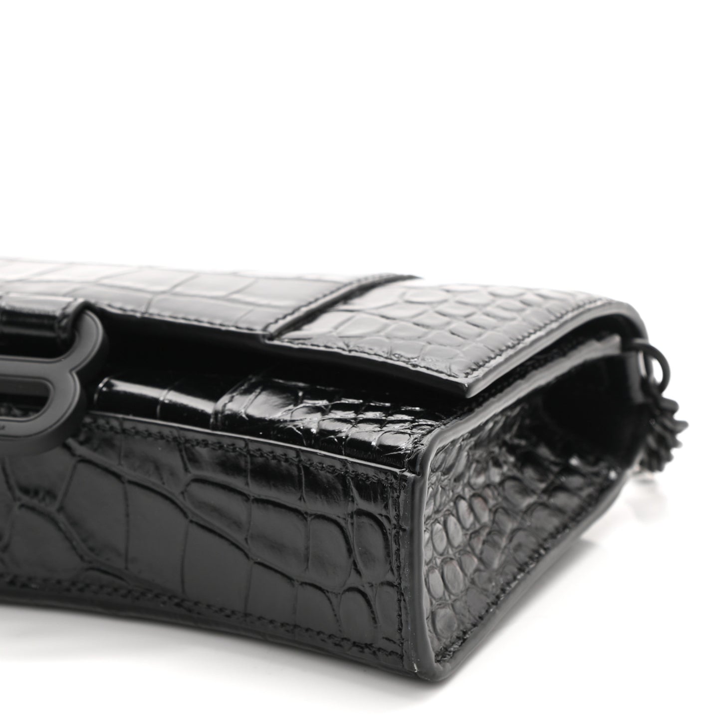 Shiny Calfskin Monochrome Crocodile Embossed Hourglass Chain Bag Black