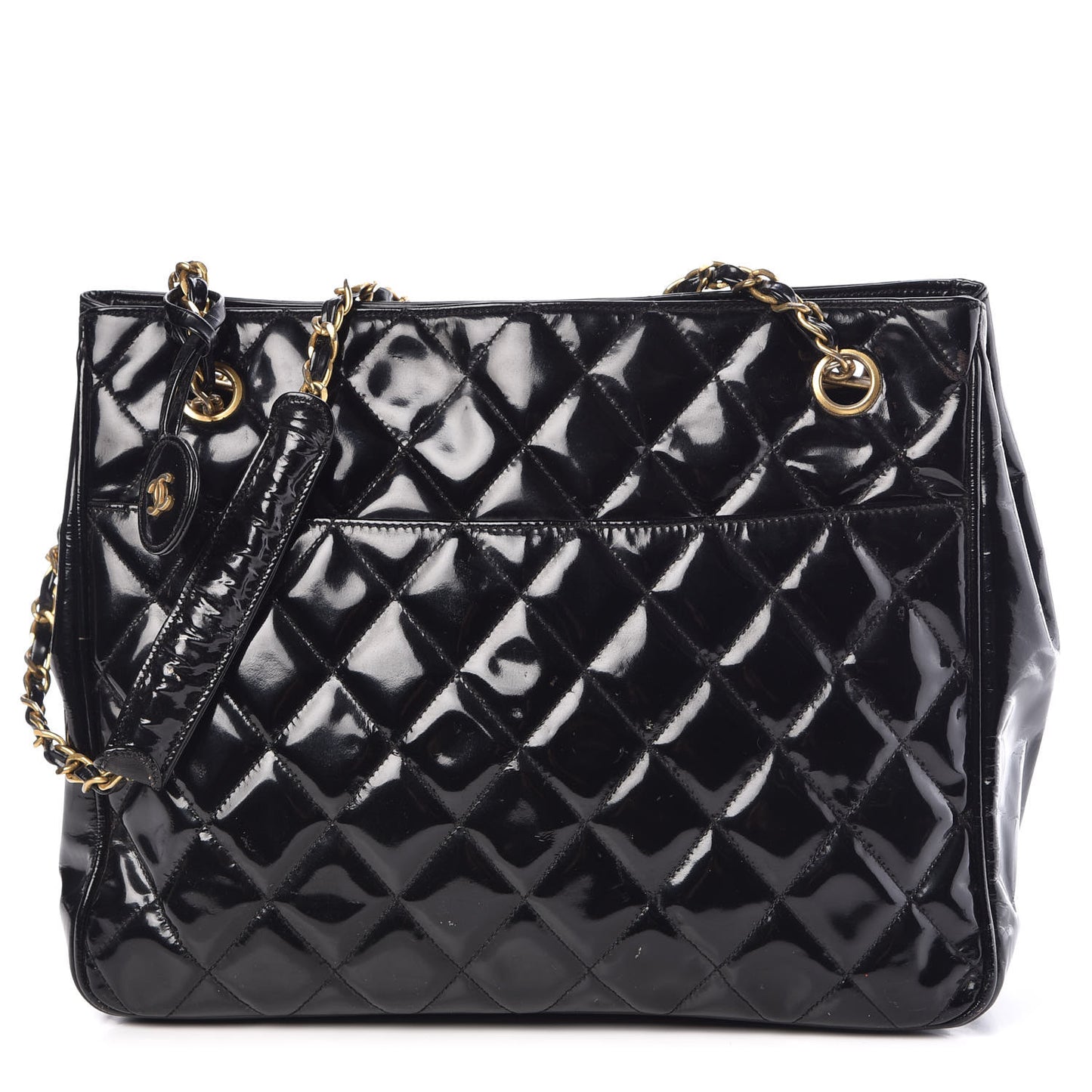 Patent Quilted Shopping Tote Black