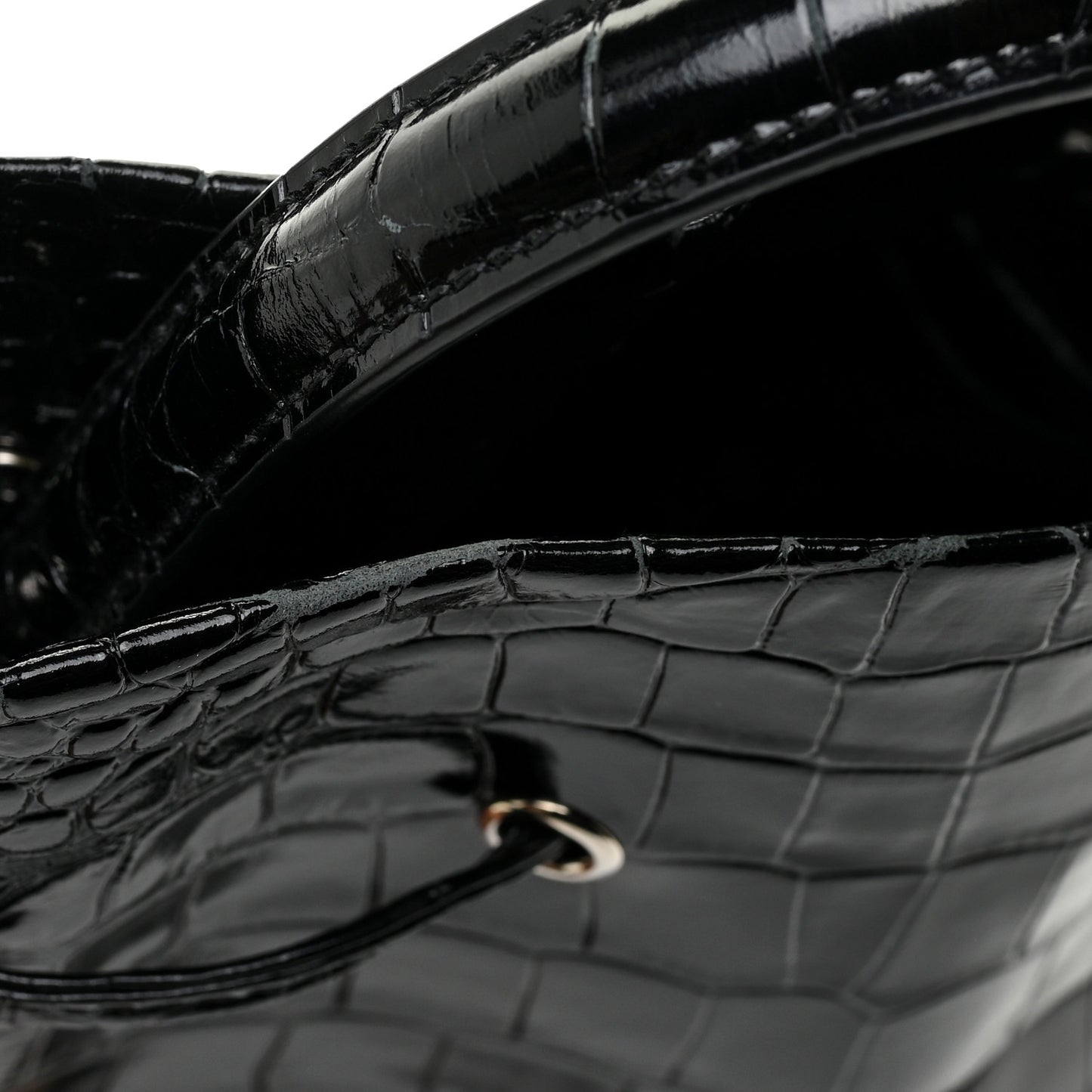 Shiny Calfskin Logo Crocodile Embossed XS Everyday Bucket Bag Black