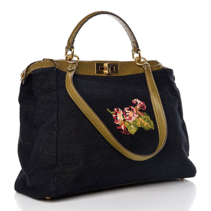 Fendi Canvas Embroidered Large Peekaboo Iconic Satchel Black Multicolor Muschio 3 of 13