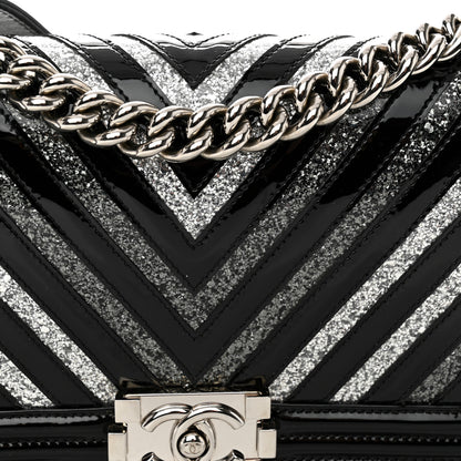 Chanel Patent Glitter PVC Chevron Quilted Medium Boy Flap Black Silver 8 of 11