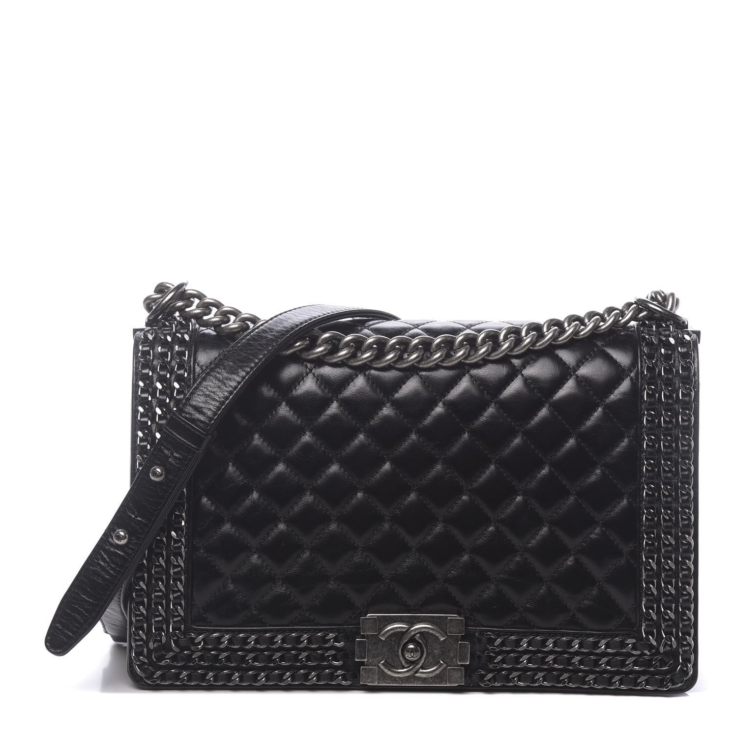 Glazed Calfskin Quilted New Medium Boy Chained Flap Black