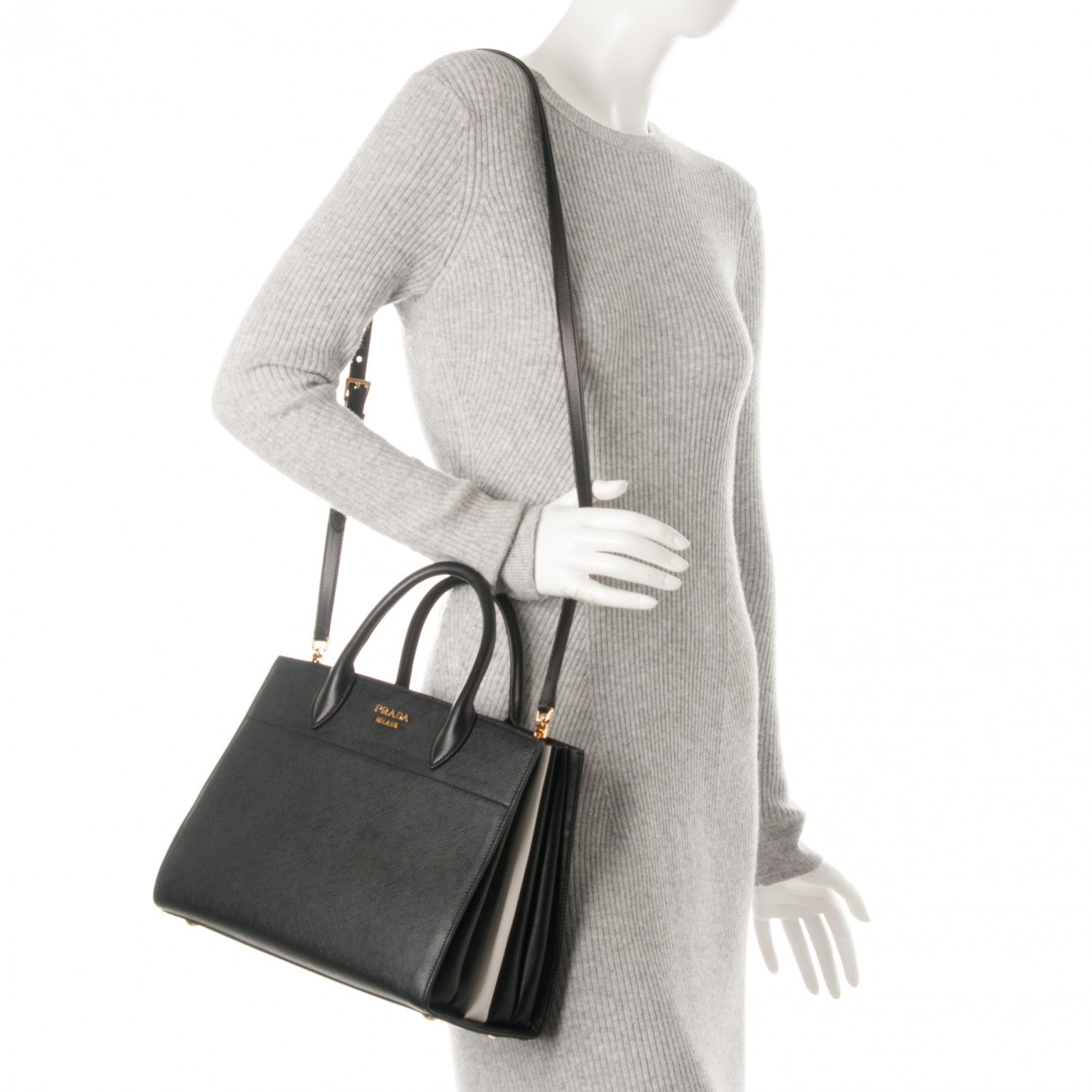 Prada Saffiano City Calfskin Medium Bibliothèque Top Handle Nero Black Bianco 2 of 8