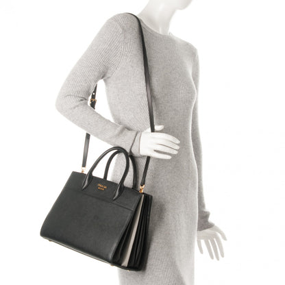 Prada Saffiano City Calfskin Medium Bibliothèque Top Handle Nero Black Bianco 2 of 8